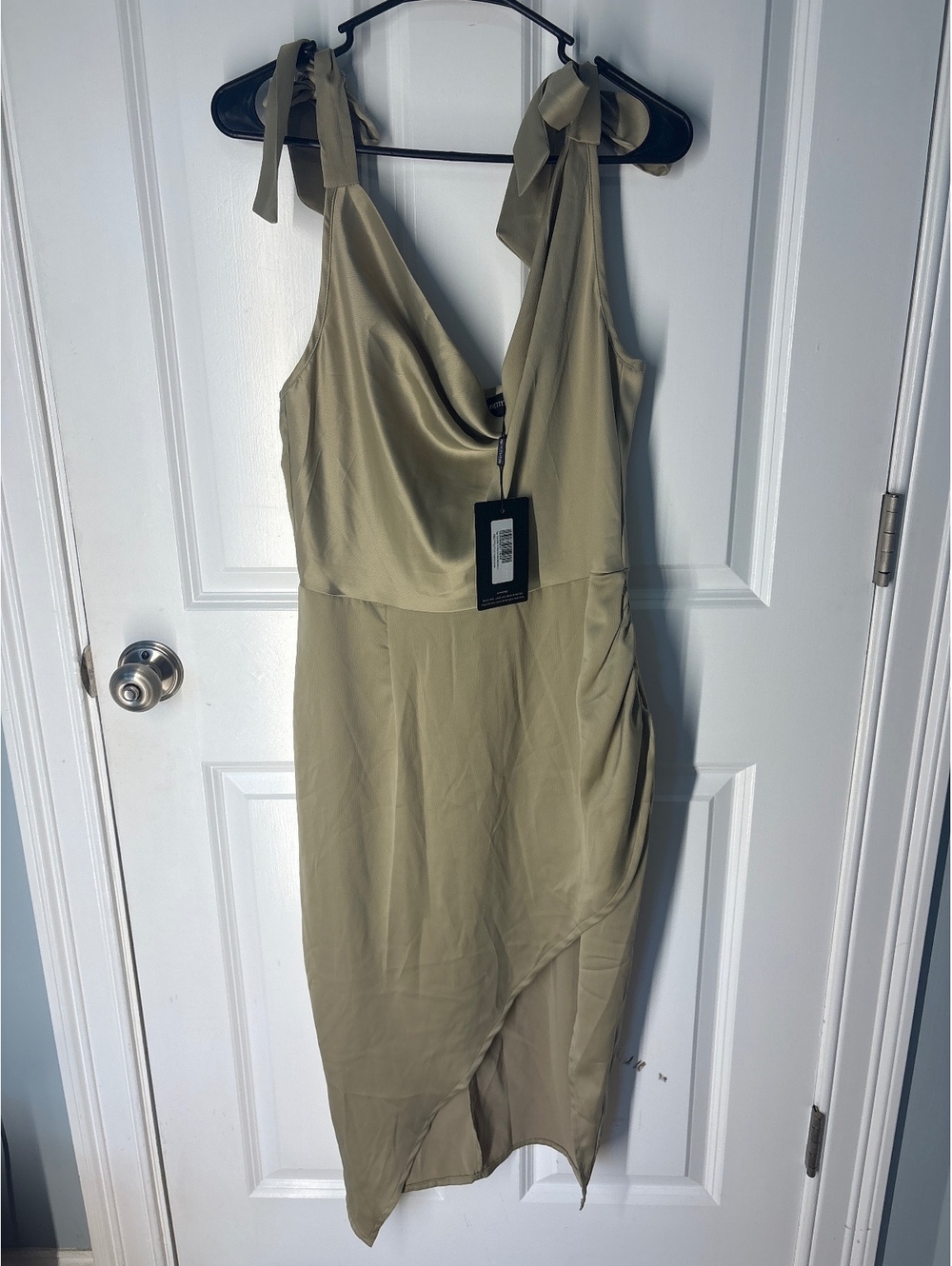 Pretty Little Thing Sage Green Satin Tie Strap Cowl Neck Midi Dress